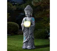 Goodeco Statue de Bouddha solaire avec lumières de lotus bleues - Décoration de jardin zen debout pour terrasse, cour, balcon, décoration de jardin - Cadeaux pour homme et femme - Gris méditation
