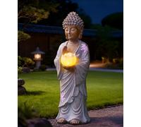 Goodeco Statue de Bouddha solaire avec lumières lotus roses 28CM | Décoration zen debout pour terrasse, cour, porche, cadeaux pour femmes et hommes, méditation, blanc