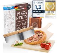 GOODS+GADGETS® Pierre à Pizza en Cordiérite - Set 4 Pièces avec Pelle | Pierre réfractaire + pelle en bois + couteau mezzaluna + livre de recettes - résiste jusqu'à 900 °C