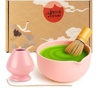 Goodwei Ensemble Thé Matcha | Bol à matcha artisanal Chawan avec bec verseur, cuillère e fouet à matcha avec support à fouet en céramique au design assorti | Coffret cadeau (Camellia Rose)
