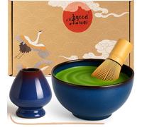 Goodwei Matcha Kit | Bol Matcha Artisanal Chawan, Cuillère e Fouet à Matcha avec Support de Fouet en Céramique au design assorti | Service à Thé Japonais (Safaia, 80)