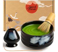 Goodwei Matcha Kit | Bol Matcha Artisanal Chawan, Cuillère e Fouet à Matcha avec Support de Fouet en Céramique au design assorti | Service à Thé Japonais (Burashi, 80)