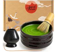 Goodwei Matcha Kit | Bol Matcha Artisanal Chawan, Cuillère e Fouet à Matcha avec Support de Fouet en Céramique au design assorti | Service à Thé Japonais (Tetsu, 120)