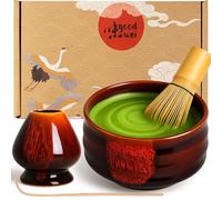 Goodwei Matcha Kit | Bol Matcha Artisanal Chawan, Cuillère e Fouet à Matcha avec Support de Fouet en Céramique au design assorti | Service à Thé Japonais (Akai, 120)