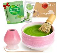 Goodwei Set Matcha avec Thé - Bol Chawan en Céramique, Fouet 80 brins, Support Assorti et Cuillère en Bambou | Coffret Cadeau Cérémonie du Thé avec Matcha BIO & Cocos Matcha Latte (Sakura)