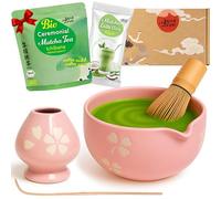 Goodwei Set Matcha Latte - Coffret Matcha Premium avec Bol Verseur, Fouet en Bambou, Support, Cuillère & Poudre Matcha Bio - Set Japonais pour Latte Matcha & Cérémonie du Thé (Hanami)