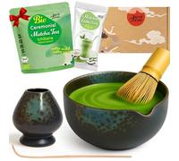 Goodwei Set Matcha Latte - Coffret Matcha Premium avec Bol Verseur, Fouet en Bambou, Support, Cuillère & Poudre Matcha Bio - Set Japonais pour Latte Matcha & Cérémonie du Thé (Rokusho)