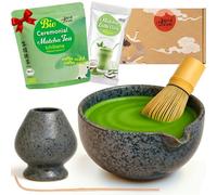 Goodwei Set Matcha Latte - Coffret Matcha Premium avec Bol Verseur, Fouet en Bambou, Support, Cuillère & Poudre Matcha Bio - Set Japonais pour Latte Matcha & Cérémonie du Thé (Shado)