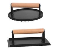 GOOHOCHY Presse à Hamburger 2 Pièces en Fonte Noire avec Poignée en Bois Rectangle et Ronde et Presse à Viande sans Revêtement Cuisine Barbecue