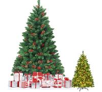 GOPLUS 195CM Sapin de Noël Lumineux-1100 Branches+450 LED Blanc Chaude+56 Pommes de Pin+56 Baies Rouge-Branches
