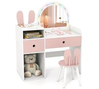 GOPLUS 2 en 1 Coiffeuse Bureau Enfant avec Chaise, Coiffeuse Enfant Fille en Forme de Lapin, avec Miroir Éclairé, 2 Tiroirs et 2 Compartiments, Table de Maquillage pour 3+ Ans (Blanc)
