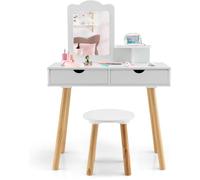 GOPLUS 2 en 1 Coiffeuse Filles avec Tabouret, Table de Maquillage et Bureau avec Miroir Amovible, 2 Tiroirs, Étagère, Blanc