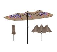 GOPLUS 3,8M Parasol de Jardin Extérieur Double, Grand Parasol Rectangulaire avec LED Coloré, Manivelle, Panneau Solaire, 12 Baleines, pour Terrasses Balcon Cour Marché (Marron)