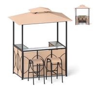 GOPLUS 3 Pcs Abri Barbecue avec Bar d'Extérieur,Table de Bar en Verre Trempé, 2 Tabourets, Porte-Verres, Abri de Grill à Double Toit pour Jardin, Piscine, Cour,194 x 121 x 242CM (Café-1)