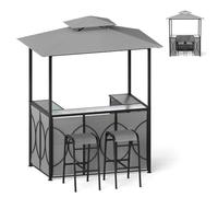 GOPLUS 3 Pcs Abri Barbecue avec Bar d'Extérieur,Table de Bar en Verre Trempé, 2 Tabourets, Porte-Verres, Abri de Grill à Double Toit pour Jardin, Piscine, Cour,194 x 121 x 242CM (Gris-1)