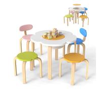 GOPLUS 5 PCS Table Enfant avec Chaises en Forme de Fleur, Table d'Activités avec 2 Chaises & 2 Tabourets pour Lire Jouer Manger, Bureau Enfant avec Rangement pour 3+ Ans, Charge 80KG