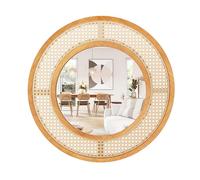 GOPLUS 65cm Miroir Mural Rond en Rotin, Cadre en Bois, Verre en Aluminium, Miroir Bohème Décoratif Rustique pour Salon, Chambre, Entrée, Salle de Bain, Naturel (1, Rond)
