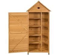 GOPLUS Abri de Jardin en Bois de Sapin 5 Étagère avec Porte Verrouillable, 70 x 45 x 160 CM, Cabane de Jardin Extérieur pour Outils, Toit Galvanisée Imperméable, Pieds Surélevé pour Terrasse, Naturel