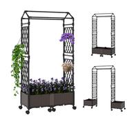 GOPLUS Arche de Jardin avec Bacs à Plante, 2 en 1 Jardinières Auto-Arrosants avec Treillis roulettes,Toit Suspendu Trous Drainage, Pergola Jardin pour Plantes Grimpantes, Légumes (Brun,154x40x163CM)
