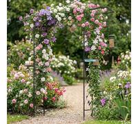 GOPLUS Arche de Jardin Métallique avec Mangeoire Oiseau, Abreuvoir, Plateau Nourriture pour Oiseaux et 7 Crochets, Pergola pour Plantes Grimpantes, Support de Décoration, Noir, 212x40x213CM