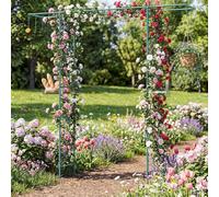 GOPLUS Arche de Jardin Métallique avec Mangeoire Oiseau, Abreuvoir, Plateau Nourriture pour Oiseaux et 7 Crochets, Pergola pour Plantes Grimpantes, Support de Décoration, Vert, 212x40x213CM