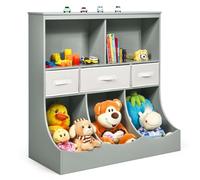 GOPLUS Bibliothèque Enfants 8 Cubes,Meuble de Rangement Enfants avec 5 Compartiments et 3 Tiroirs Pliables en Tissu, Coffre à Jouets, idéal pour Chambre d'enfant 93x40x94CM (Gris, 8 Cubes+2 Tiroirs)