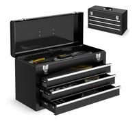 GOPLUS Boîte à Outils Métallique,Coffret à Outils avec 3 Tiroirs,Coulisse et Compartiment Supérieur,Caisse à Outils,2 Loquets Noir