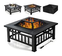 GOPLUS Brasero de Jardin Carré en Fer,Table de Foyer Maille et Couvercle Pare-étincelles avec Tisonnier Long,Grand Bac de Rangement pour Chauffage et Barbecue Glacière 81x81x50cm (Noir)