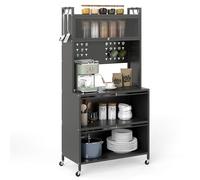 GOPLUS Buffet Cuisine 180CM Fer à 5 Niveaux, 3 Compartiments, 80x40x160CM | Vaisselier Salle à Manger pour Micro-Ondes, Roues ou Patins Réglable, Panneau avec 10 Crochet, Plan de Travail, Porte Battant