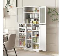 GOPLUS Buffet Haut de Cuisine H.161,5CM-Étagères de Porte + 1 Placard à Portes en Verre Trempé-Dispositif Anti-basculement Blanc