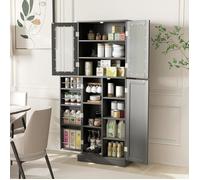 GOPLUS Buffet Haut de Cuisine H.161,5CM-Étagères de Porte + 1 Placard à Portes en Verre Trempé-Dispositif Anti-basculement Noir