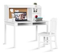GOPLUS Bureau Enfant avec Chaise-Étagères de Rangement,Tiroirs,Tableau en Liège,112x61x110,5cm,Blanc