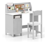 GOPLUS Bureau Enfant avec Chaise, Table d'Étude avec Tableau Blanc et Marqueur, Étagère, Armoire, Bureau Enfant 3+ Ans avec Rangement pour Maison, École, Charge 90/50KG (Gris)