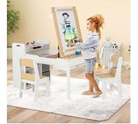 GOPLUS Bureau Enfant avec Plateau Rabattable-Table d'Art avec 2 Chaises,Porte-rouleau de Papier,Barres de