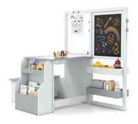 GOPLUS Bureau Enfant Fille Garcon avec Banc, 3 en 1 Tableau Chevalet Enfant Double Face Ajustable, Table de Dessin en Bois avec Rouleau de Papier, Tableau Blanc/Noir, Charge 50KG, Gris Clair