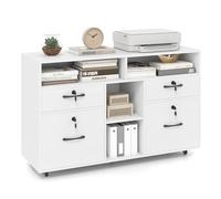 GOPLUS Cassion Bureau, Classeur Mobile avec Serrure, 4 Tiroirs pour Dossiers A4/Lettres, Porte-Imprimante Moderne à Roulettes avec Étagère Réglable, Meuble Rangement Bureau,104 x 35 x 65,5CM (Blanc)