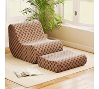 GOPLUS Chaise Poire Pouf avec Ottoman, 2 en 1 Chaise Paresseuse avec Remplissage en Mousse, Housse en Peluche Douce Lavable pour Adultes, Fond Antidérapant, Canapé de Sol pour Salon, Chambre (Marron)