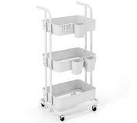 GOPLUS Chariot de Cuisine Pliable à 3 Niveaux avec Roues Verrouillables | Desserte Roulante Multifonction avec 3 Gobelets Suspendus, 6 Crochets pour Cuisine, Salon et Salle à Manger