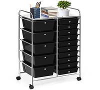 GOPLUS Desserte à roulettes avec 15 Tiroirs, Cadre en Fer, Tiroirs en Plastique Coulissant, 63x37x87CM, Chariot de Rangement à roulettes, 2 avec Frein avec Poignée Latéral, pour Chambre, Bureau, Noir
