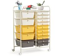 GOPLUS Desserte à roulettes avec 15 Tiroirs en Plastique Coulissant, Cadre en Fer, 63x37x87CM, Chariot de Rangement à roulettes, 2 avec Frein avec Poignée Latéral, pour Chambre, Bureau (Jaune)