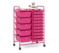 GOPLUS Desserte à roulettes avec 15 Tiroirs en Plastique Coulissant, Cadre en Fer, 63x37x87CM, Chariot de Rangement à roulettes, 2 avec Frein, Poignée Latéral, pour Chambre, Bureau (Rose Foncé)