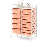 GOPLUS Desserte à roulettes avec 15 Tiroirs en Plastique Coulissant, Cadre en Fer, 63x37x87CM, Chariot de Rangement à roulettes, 2 avec Frein avec Poignée Latéral, pour Chambre, Bureau (Orange)