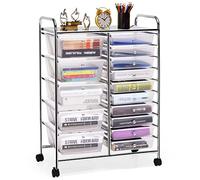 GOPLUS Desserte à roulettes avec 15 Tiroirs en Plastique Coulissant, Cadre en Fer, 63x37x87CM, Chariot de Rangement à roulettes, 2 avec Frein, Poignée Latéral, pour Chambre, Bureau (Transparent)