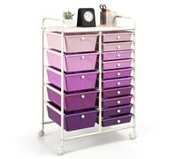 GOPLUS Desserte à roulettes avec 15 Tiroirs en Plastique Coulissant, Cadre en Fer, 63x37x87CM, Chariot de Rangement à roulettes, 2 avec Frein avec Poignée Latéral, pour Chambre, Bureau (Violet)