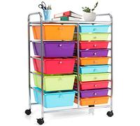 GOPLUS Desserte à Roulettes avec 15 Tiroirs en Plastique Coulissant, Cadre en Fer, 63x37x87CM, Chariot de Rangement à Roulettes, 2 avec Frein, Poignée Latéral, pour Chambre, Bureau (Multicolore Clair)