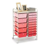 GOPLUS Desserte à roulettes avec 15 Tiroirs en Plastique Coulissant, Cadre Fer Blanc, 63x37x87CM, Chariot de Rangement à roulettes, 2 avec Frein, Poignée Latéral, pour Chambre, Bureau (Rose Dégradé)
