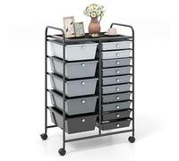 GOPLUS Desserte à roulettes avec 15 Tiroirs en Plastique Coulissant, Cadre Métal Noir, 63x37x87CM, Chariot de Rangement à roulettes, 2 avec Frein, Poignée Latéral, pour Chambre, Bureau (Noir Dégradé)