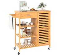 GOPLUS Desserte à roulettes en Bambou, 91x44x89CM, Desserte Cuisine avec 3 Étagères, 1 Tiroirs Coulissants, Armoire à 2 Niveaux avec Portes Persienne, Porte-Serviette, Commode pour Salle à Manger
