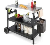 GOPLUS Desserte Jardin 106x52x84cm,Chariot de Barbecue Mobile à 3 Niveaux,Support Porte-épices,Porte-Serviettes,Crochets de