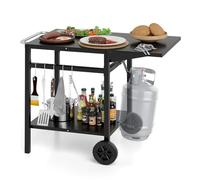 GOPLUS Desserte Jardin Chariot de Barbecue avec 2 Roues, Desserte Extérieur pour Barbecue, Plancha avec Plateau Pliant, 4 Crochets Métalliques,96,5x64x75cm, Noir